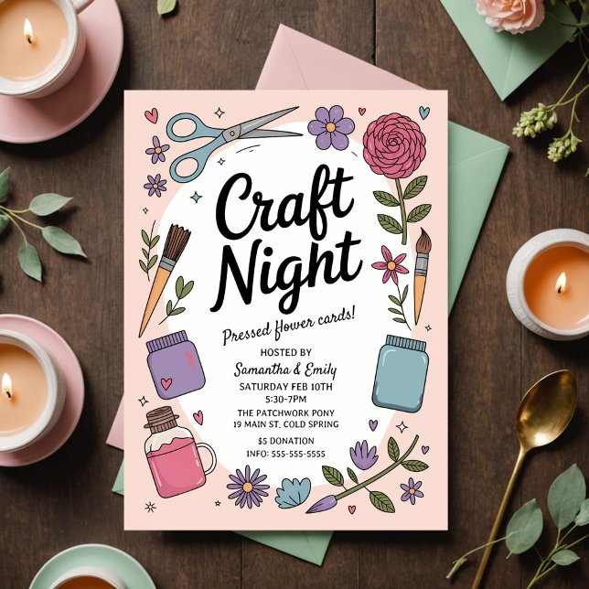 Cartão Postal Whimsical Craft Night Fun Scissors Paint Flowers (Charming pastel craft night invitation with whimsical design for a fun, creative gathering.)