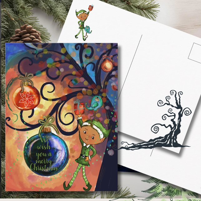 Cartão Postal Whimsical Elf with Bird under a Tree Christmas  (Whimsical Elf with Bird under a Tree Christmas Postcard)
