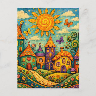 Cartão Postal Whimsical Fairy Tale Village Colorful Canvas Art