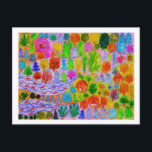 Cartão Postal Whimsical Fairy Village & River Magic Postcard<br><div class="desc">Send a piece of magic with this vibrant,  hand-drawn postcard featuring a detailed fairytale valley. With its colorful trees,  winding river,  and cozy,  hidden houses,  it's perfect for sending a quick note of joy or keeping as a miniature piece of art.</div>