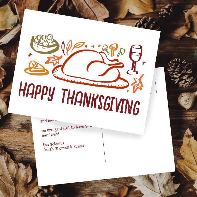 Cartão Postal Whimsical Happy Graças, ação de amizade (Whimsical Happy Thanksgiving Friendsgiving Custom Postcard
)
