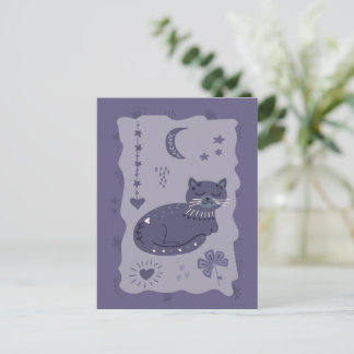 Cartão Postal Whimsical Night Cat Folk Art Postcard