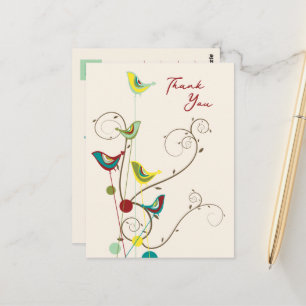Cartão Postal Whimsical Summer Bird and Swirls Modern Obrigado