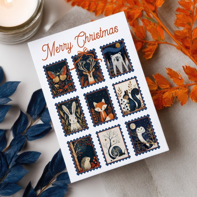 Cartão Postal Whimsical Woodland Animal Stamps Merry Christmas  (Criador carregado)