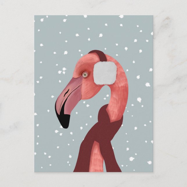Cartão Postal Whimsso Cozy Winter Flamingo Com Scarf (Frente)