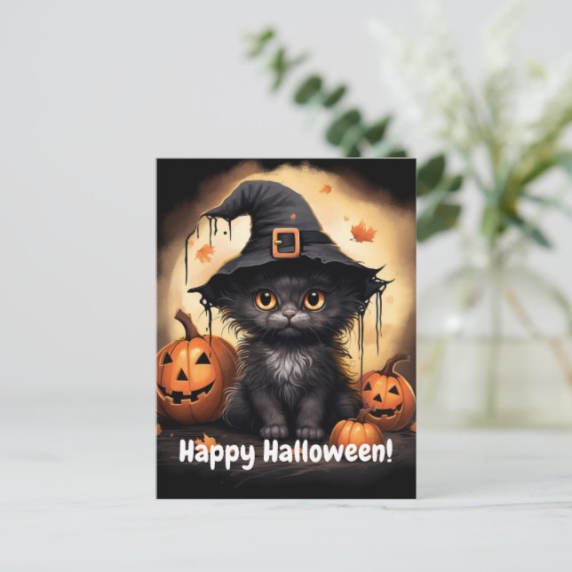 Cartão Postal Whitchy Black Gatinho Pumpkin Halloween (Em pé/Frente)