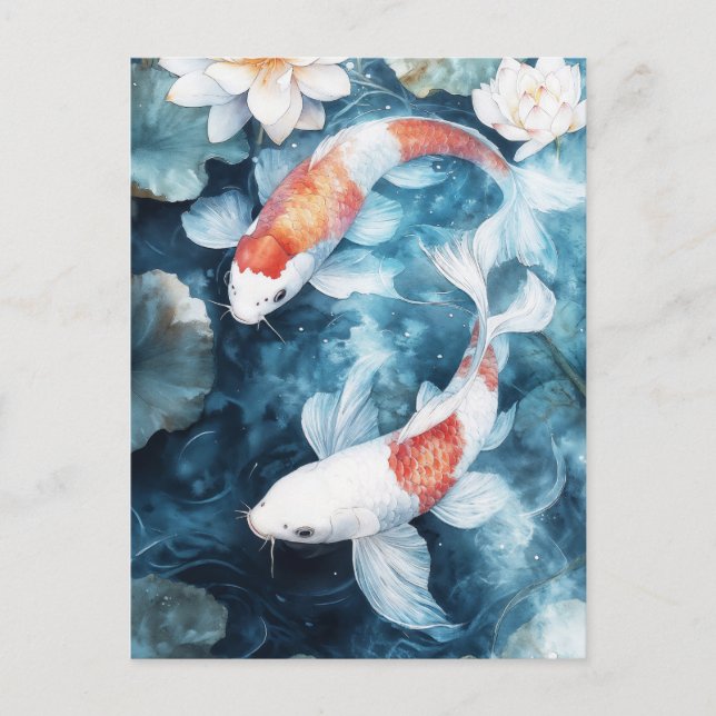 Cartão Postal White and Orange Koi Fish Swirling in Lotus Pond (Frente)
