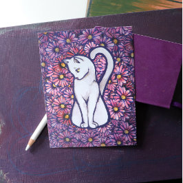 Cartão Postal White Cat Mauve Daisies