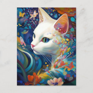 Cartão Postal White Cat Surreal Beautfiul Fantasy Art
