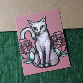Cartão Postal White Cat Vintage Rosa Rosas White Gatinhos Art