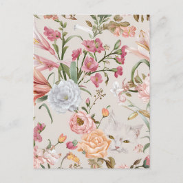 Cartão Postal White Cats Pink Roses Floral Flat Thank You Card