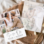 Cartão Postal White com Letra de Mão Editável Salvar a Data Foto<br><div class="desc">Foto moderna e elegante Guarde o Cartão de Casamento de Data. O cartão de convite para salvar a data inclui tipografia branca com Mão-esticada e chic e design simples em um fundo branco para o qual você pode adicionar sua fotografia personalizada de noivado.</div>