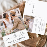 Cartão Postal White com Letra de Mão Editável Salvar a Data Foto<br><div class="desc">Foto moderna e elegante Guarde o Cartão de Casamento de Data. O cartão de convite para salvar a data inclui tipografia branca com Mão-esticada e chic e design simples em um fundo branco para o qual você pode adicionar sua fotografia personalizada de noivado.</div>
