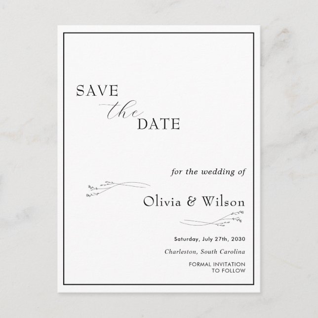 Cartão Postal White Elegant Minimalist Wedding Save the Date (Frente)