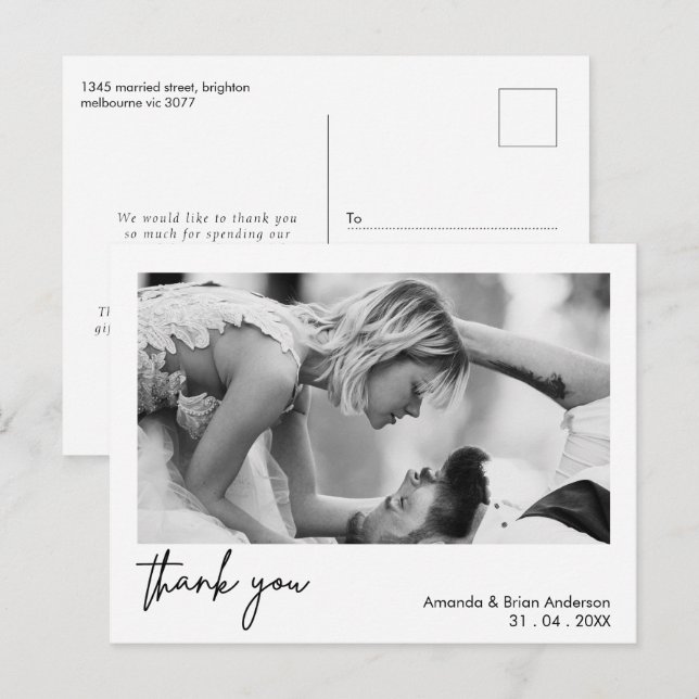 Cartão Postal White Frame Calliographic Obrigado Cartaz De Casam (Frente/Verso)