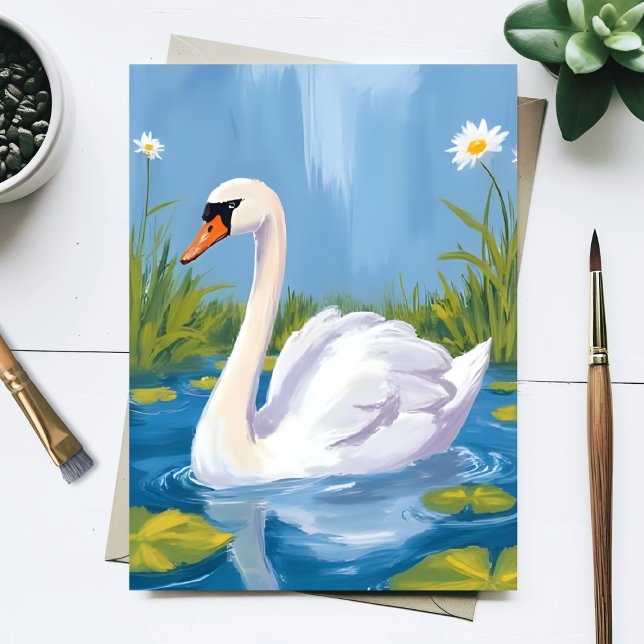 Cartão Postal White Swan | Pond Watercolor Bird Painting (Criador carregado)