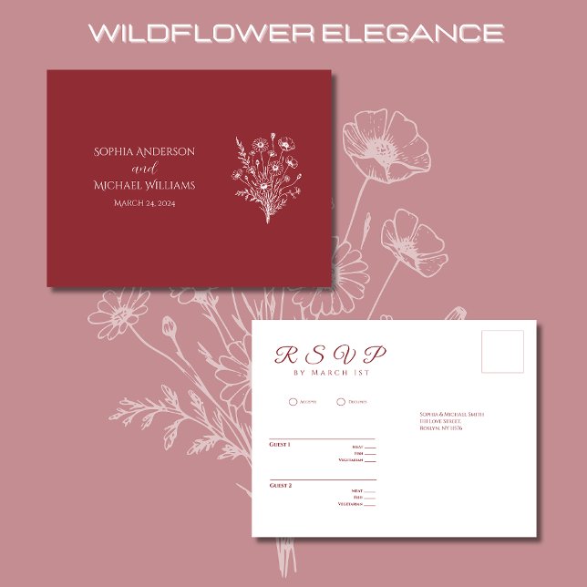 Cartão Postal Wildflower Elegance-RSVP-Casamento- Cartão-postal (Wildflower Elegance Wedding RSVP Postcard-Red, Rustic, country, bohemian, elegant)