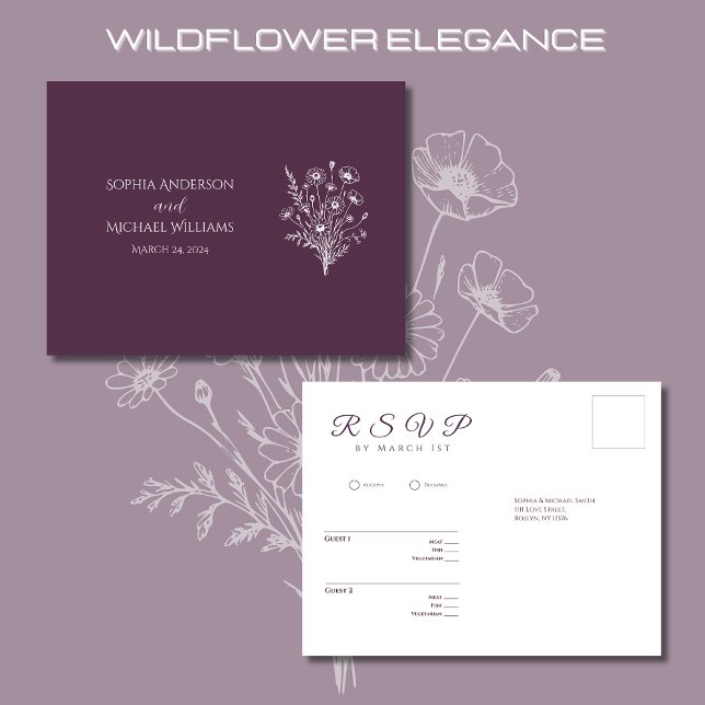 Cartão Postal Wildflower Elegance-RSVP-Casamento- Cartão-postal (Wildflower Elegance Wedding RSVP Postcard-Purple-Rustic, Country-Bohemian)