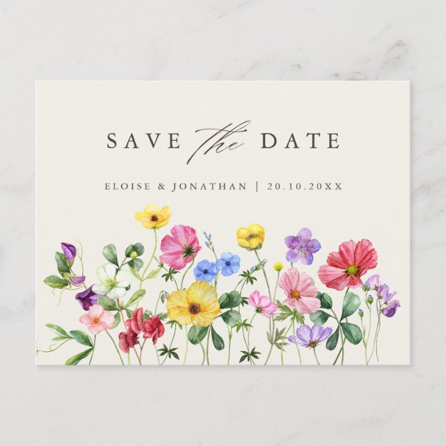 Cartão Postal Wildflower Rustic Chic Floral Boho Salvar Data (Frente)