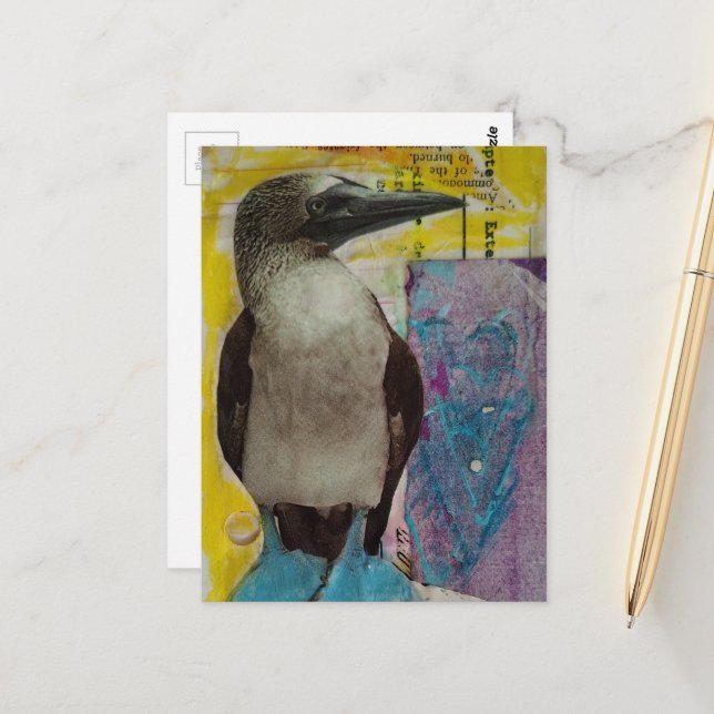 Cartão Postal Wildlife Blue Footed Bird mixed media collage (Frente/Verso In Situ)