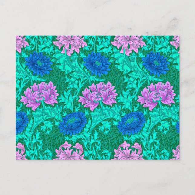 Cartão Postal William Morris Chrysanthemums, Aqua e Violet (Frente)