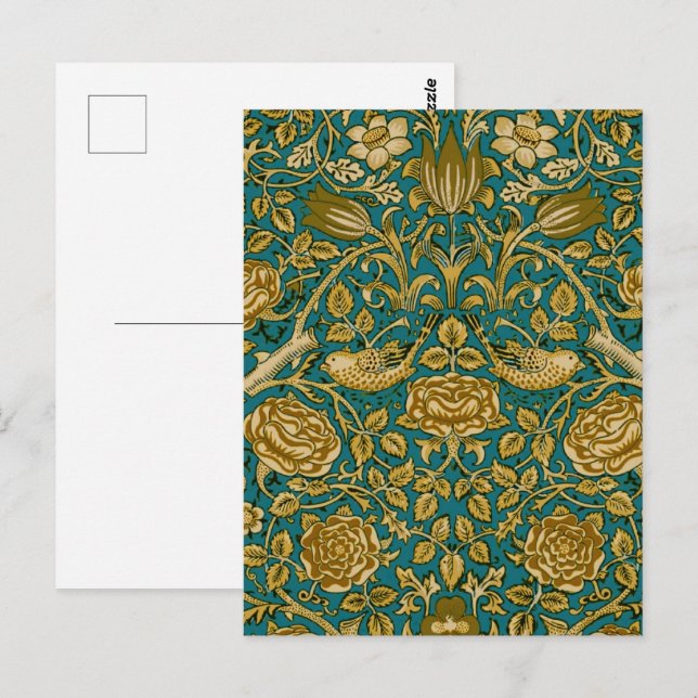 Cartão Postal William Morris Tudor Rosa Patterno Ouro Azul (Frente/Verso)
