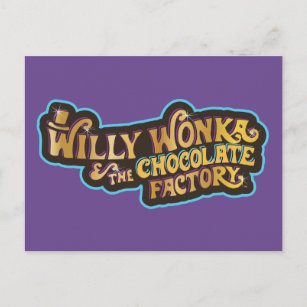 Cartão Postal Willy Wonka e o logotipo da fábrica de chocolate