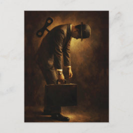 Cartão Postal Wind-Up Office Man Surreal Routine Grind Oil Paint