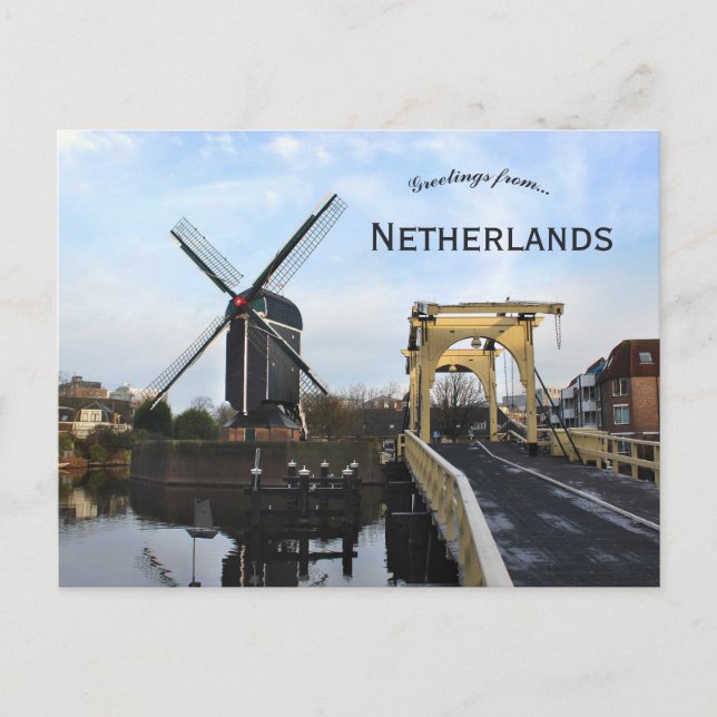 Cartão Postal Windmill and Leiden Windmill Bridge Netherlands (Frente)