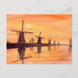 Cartão Postal Windmills Sunset - Impressão a Aquarela