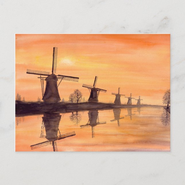Cartão Postal Windmills Sunset - Impressão a Aquarela (Frente)