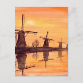 Cartão Postal Windmills Sunset - Impressão a Aquarela