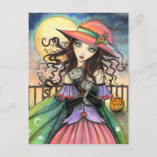 Cartão Postal Winds of Halloween Witch Tabby Cat Art