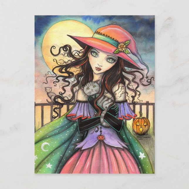 Cartão Postal Winds of Halloween Witch Tabby Cat Art (Frente)