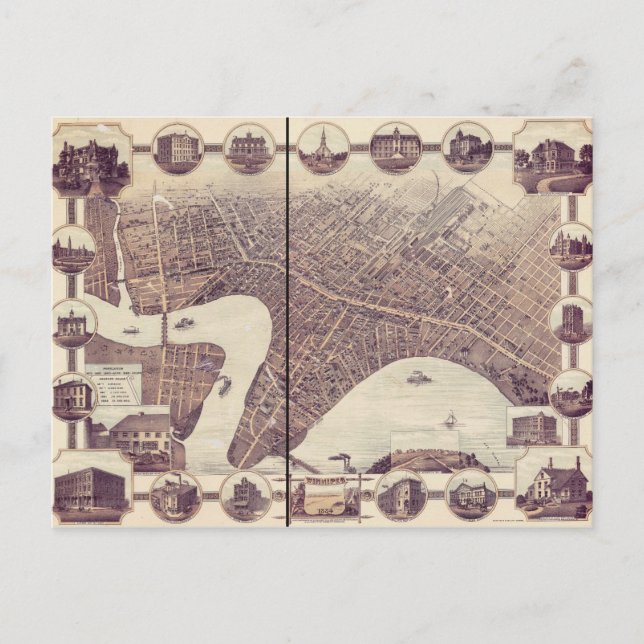 Cartão Postal Winnipeg Manitoba Canada Bird's Eye View Map 1884 (Frente)