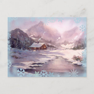 Cartão Postal WINTER CABIN & SNOWFLAKS por SHARON SHARPE