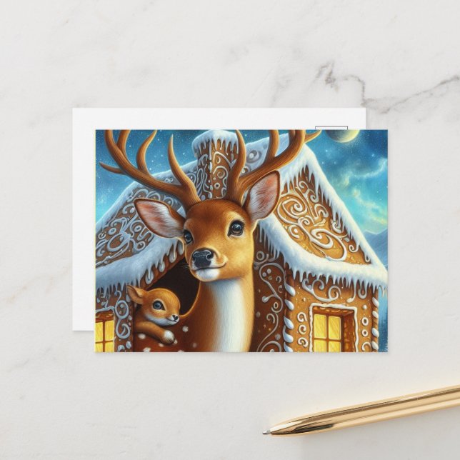 Cartão Postal  Winter Deer Family in Gingerbread House Postcard (Frente/Verso In Situ)