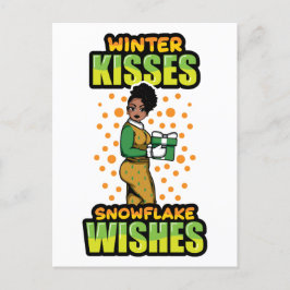 Cartão Postal Winter Kisses Snowflake Deseja Mulher Negra Sista