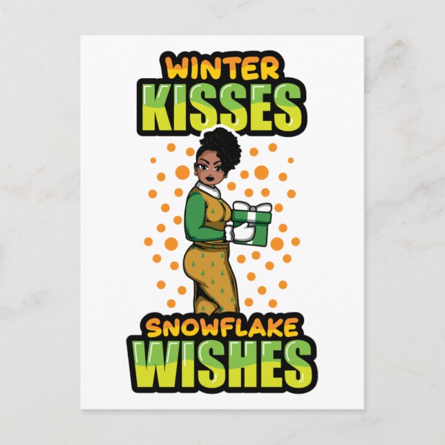 Cartão Postal Winter Kisses Snowflake Deseja Mulher Negra Sista (Frente)