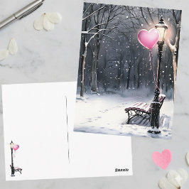 Cartão Postal Winter Scene Pink Heart Balloon Valentine's Day