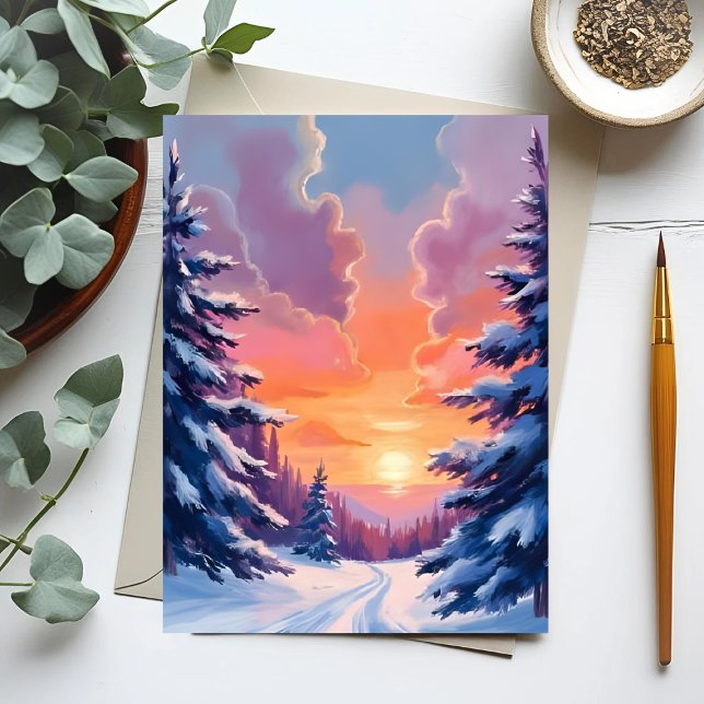 Cartão Postal Winter Snow Sunset | Watercolor Landscape Painting (Criador carregado)