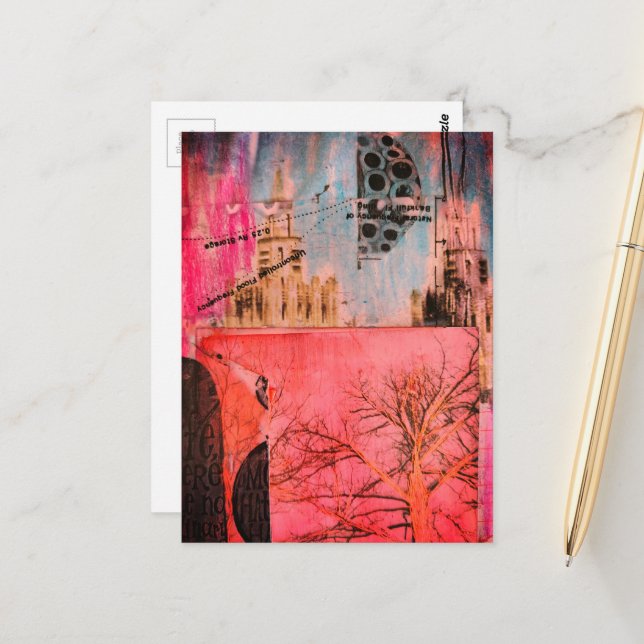 Cartão Postal Winter Tree and Buildings Mixed Media Collage (Frente/Verso In Situ)