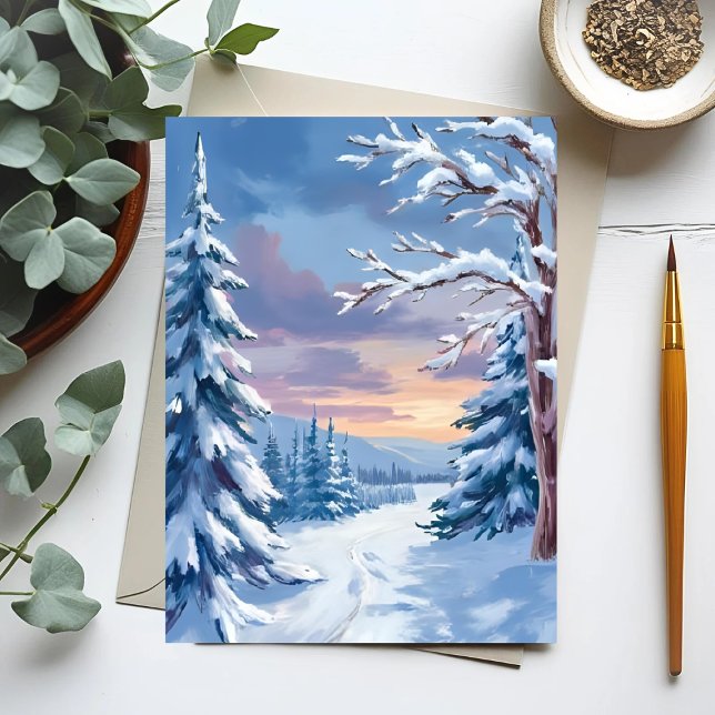 Cartão Postal Winter Wonderland | Mountain Snow Nature Painting  (Criador carregado)