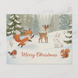 Cartão Postal Winter Woodland Merry Christmas Forest Animals