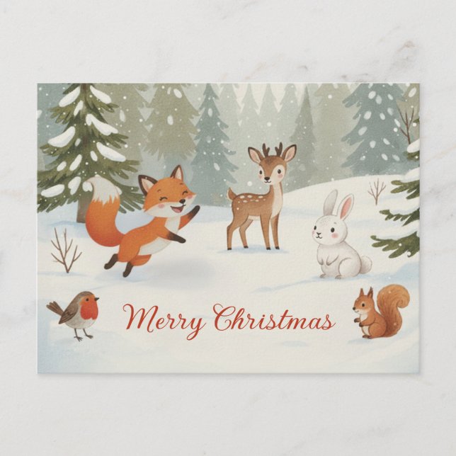 Cartão Postal Winter Woodland Merry Christmas Forest Animals (Frente)