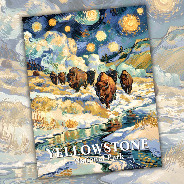 Cartão Postal Winter Yellowstone Bison Van Gogh Starry Night (Winter Yellowstone Bison Van Gogh Starry Night Postcard)