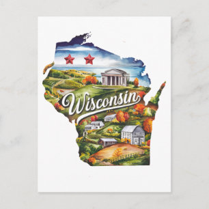 Cartão Postal Wisconsin EUA Estado Formato Vintage Aquarela