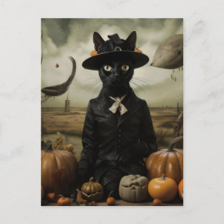 Cartão Postal Witch Cat with Pumpkins