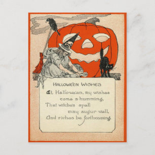Cartão Postal Witch Jack O Lantern Black Cat Raven
