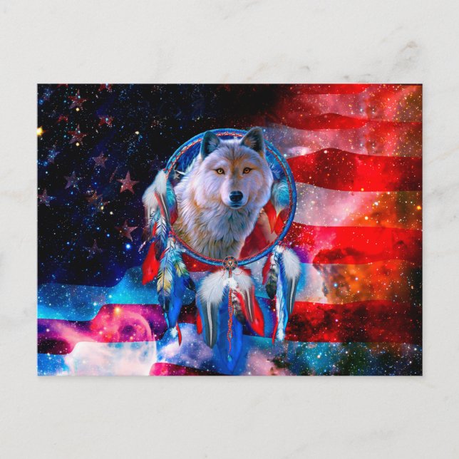 Cartão Postal Wolf and Dreamcatcher in american flag painting (Frente)